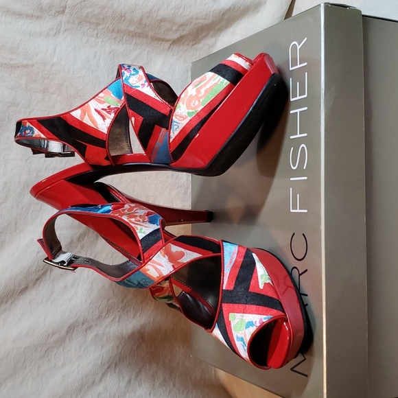 Marc Fisher Shoes - Marc Fisher Red Patent Leather/Floral Fabric Stiletto Sandals Sz 8